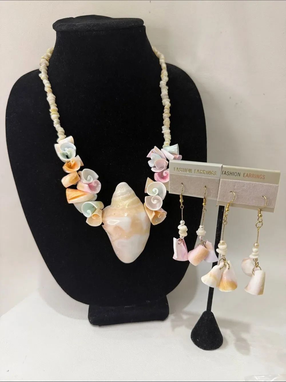 Pastel Mermaid Conch Puka Shell Statement Necklace & 2 Pair Matching Earrings
